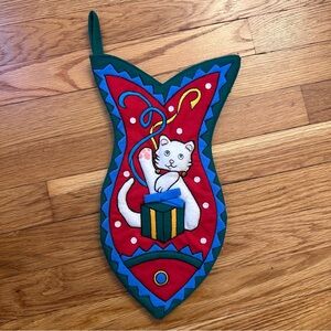 L’Art Quilted Cat Fish-Shaped Christmas Stocking Felt Applique Holiday Red Green